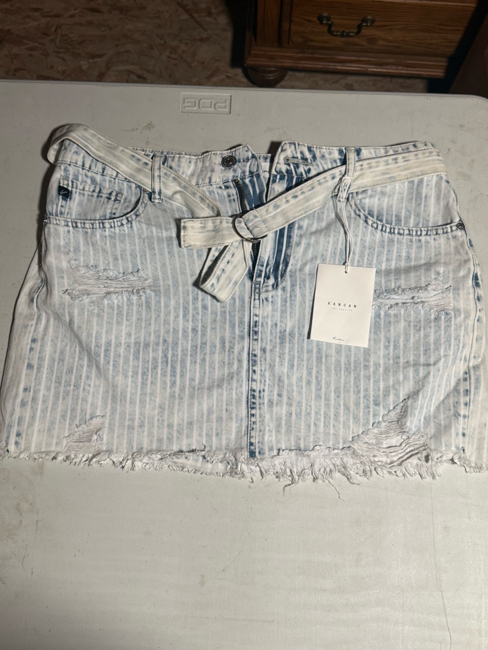 KanCan Light Blue Striped Distressed Denim Mini Skirt with Belt